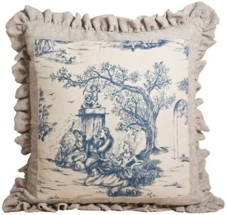 Yastıkminder Keten Koton Mavi Kemik Toile Du Jouy Desen Dekoratif Yastık Kılıfı resmi