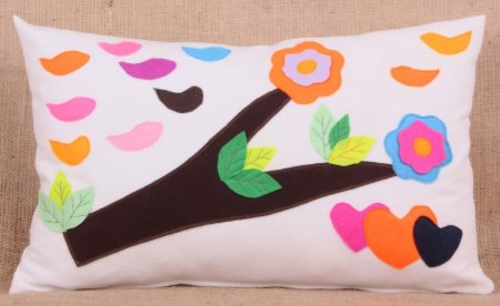 Yastıkminder Koton Polyester Beyaz Oranj Pembe Keçe Aplike Dekoratif Yastık resmi