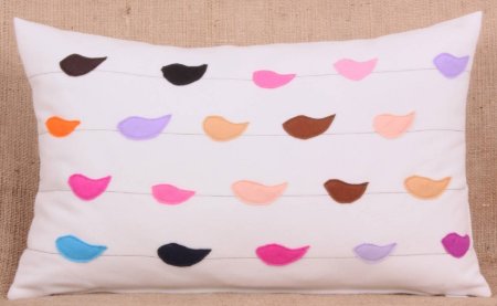 Yastıkminder Koton Polyester Beyaz Renkli Kuşlar Keçe Aplike Dekoratif Yastık resmi