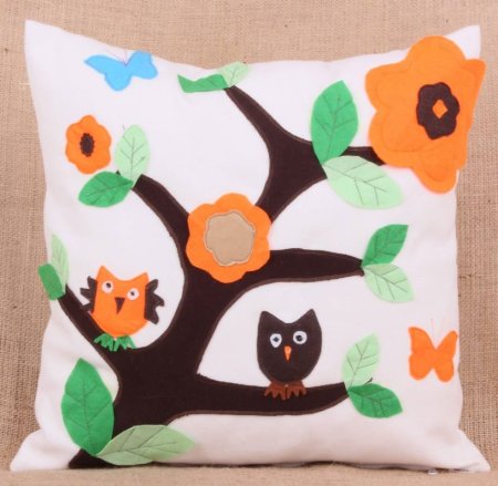Yastıkminder Koton Polyester Çiçek Baykuş Keçe Aplike Dekoratif Yastık resmi
