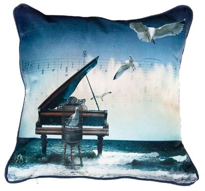 Resim Yastıkminder Kadife Keten Mavi Lacivert Piyano Dijital Baskılı Dekoratif Yastık