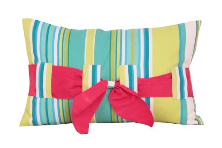 Yastıkminder Koton Fıstık Turkuaz Çizgili Kırmızı Fiyonklu Dekoratif Yastık Kılıfı resmi