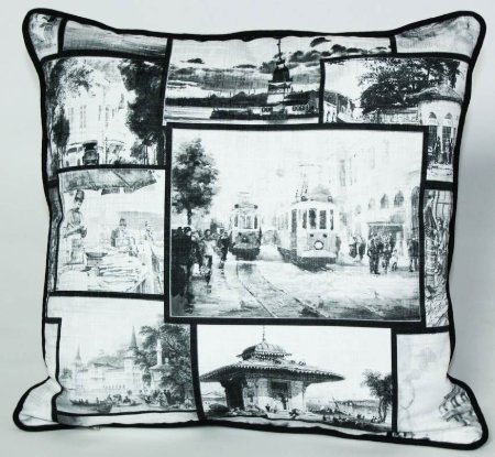 Yastıkminder Koton Polyester Siyah Beyaz İstanbul Desenli Yastık resmi