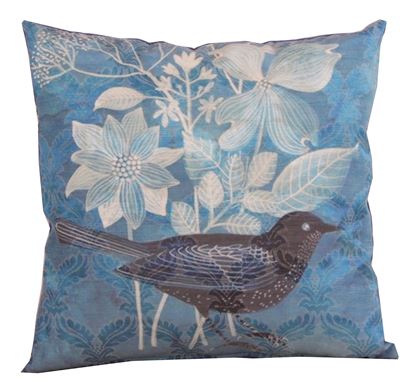Resim Koton Tafta Lacivert Kuş Çiçek demeti Baskılı dekoratif yastık