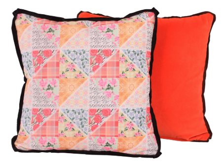 Kadife Keten Pembe Oranj Yamalı Figürlü Dekoratif Yastık Kılıfı resmi