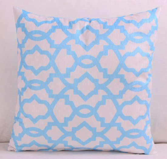 KADİFE ŞÖNİL TURKUAZMAVİ BEYAZ GEMETRİK DESEN BASKI DEKORATİF YASTIK  KILIFI resmi