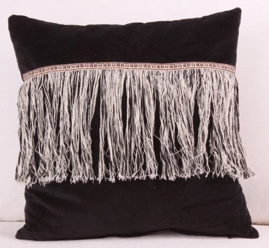 KADİFE KOTON MAT SİYAH BAKIR KURDELA SAÇAKLI DEKORATİF YASTIK KIRLENT KILIFI resmi