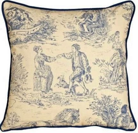 Yastıkminder Koton Keten Mavi Kemik Saray Yaşantısı Tasvirli Toile Du Jouy Desen Dekoratif Yastık resmi