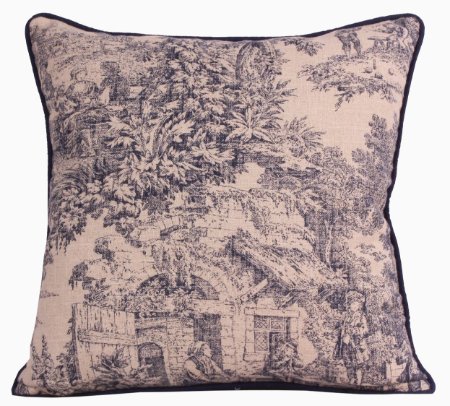 Yastıkminder Koton Keten Lacivert Kemik Toile Du Jouy Desen Dekoratif Yastık resmi