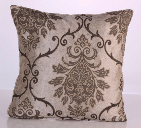 TAFTA DOKUMA GÜMÜŞ KAHVE DAMASK DESEN DEKORATİF YASTIK KILIFI resmi